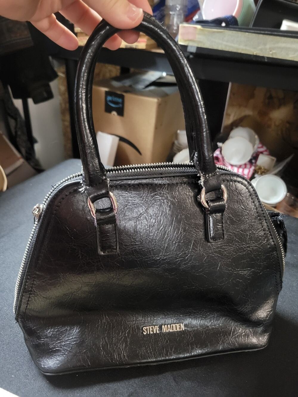 Steve Madden Black Dome Satchel Top Handle Zip Closure Gold Hardware